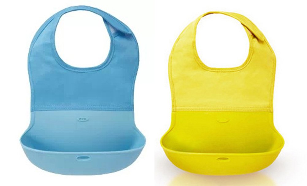 Botetrade 2015 CTT 2-pack Yellow/Blue Soft Baby Bib New Unique Solution Top Rated with Parents and Little Ones - Soft Comfortable Waterproof Fabric for Best Fit and Large Catch All Silicone Food Pocket for No Spills - Unisex Design - Easy to Clean and Dishwasher Safe