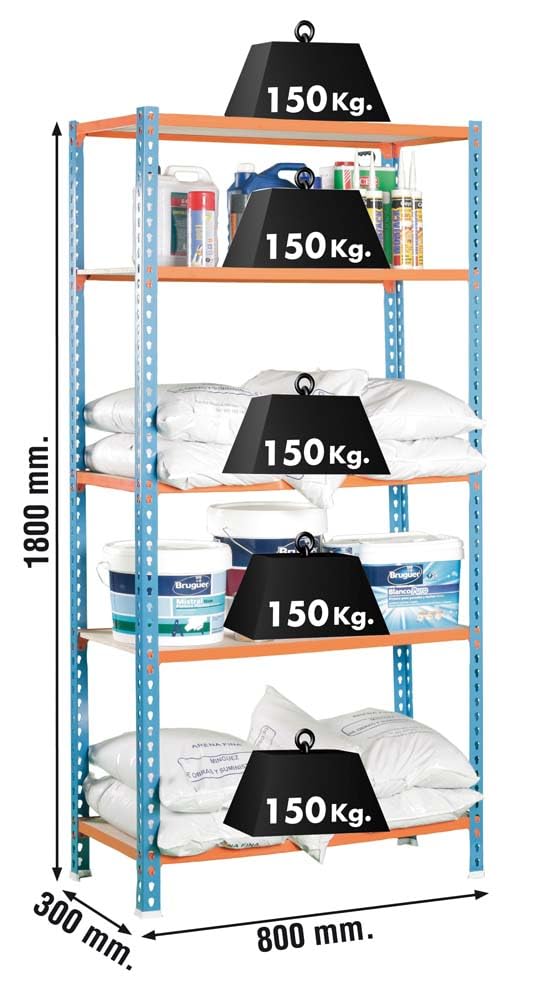 PROREGAL Schwerlastregal MULI | HxBxT 180x80x30cm | 5 Fachböden | Fachlast 150kg | Blau-Orange | Lagerregal Kellerregal Werkstattregal Metallregal Fachbodenregal Steckregal