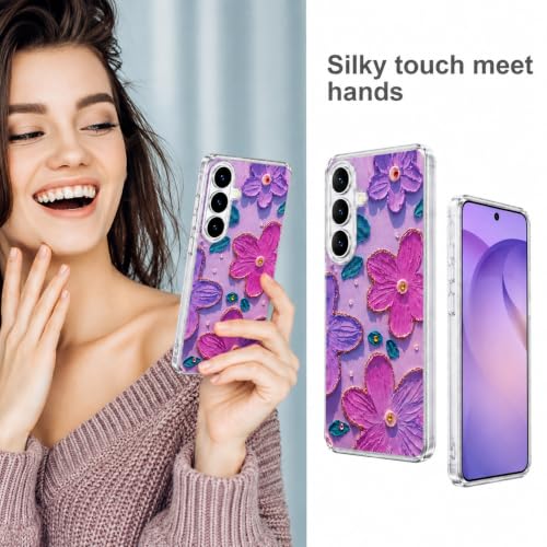 Image of Elzzi Compatible with Samsung S26 Case Laser Flower Oil Painting Cute Colorful Blue Ray Bumper with Full Camera Protection Shockproof PC+TPU Glossy Shiny Cover for Girls Women, Pink & Purple