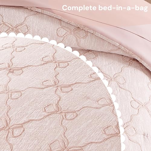 Image of BLOOMHAVEN Queen Comforter Set for Girls, 7 Pieces Pink Bow Bedding Set, All Seasons Bed in a Bag with Sheets, Pillowcases & Shams