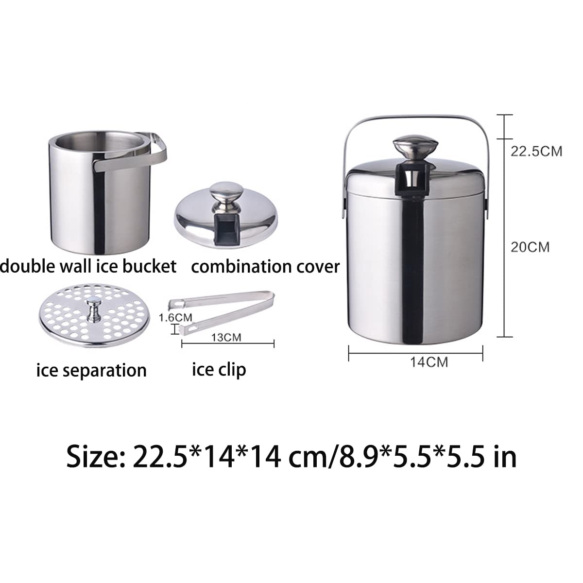 Eiskübel Edelstahl Eiswürfelbehälter isolierter Eisweinkühler tragbarer doppelwandiger Eisbehälterkorb mit Zange und Wasserfilter für Hausbar und Partys Silber 1,3 l 8,9 x 5,5 x 5,5 Zoll