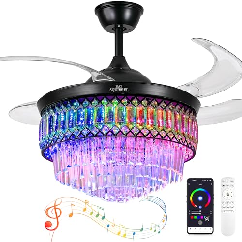 BAYSQUIRREL Retractable Crystal Ceiling Fan with Lights, Bluetooth Ceiling Fan