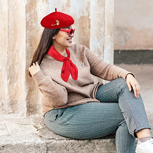 Image of Zhanmai 6 Pcs French Red Beret Hat Set Women Girls Paris Outfits Accessories Retro Chiffon Scarf Oval Sunglasses Gloves Alloy Brooch for Halloween Costume Accessories