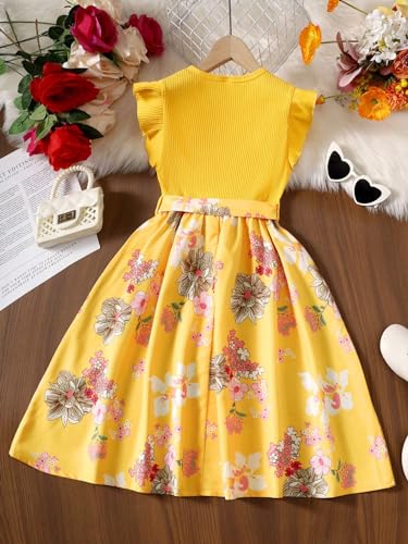 Floerns Girl's Floral Print Ruffle Trim Cap Sleeve Ribbed Belt Summer A Line Dress2