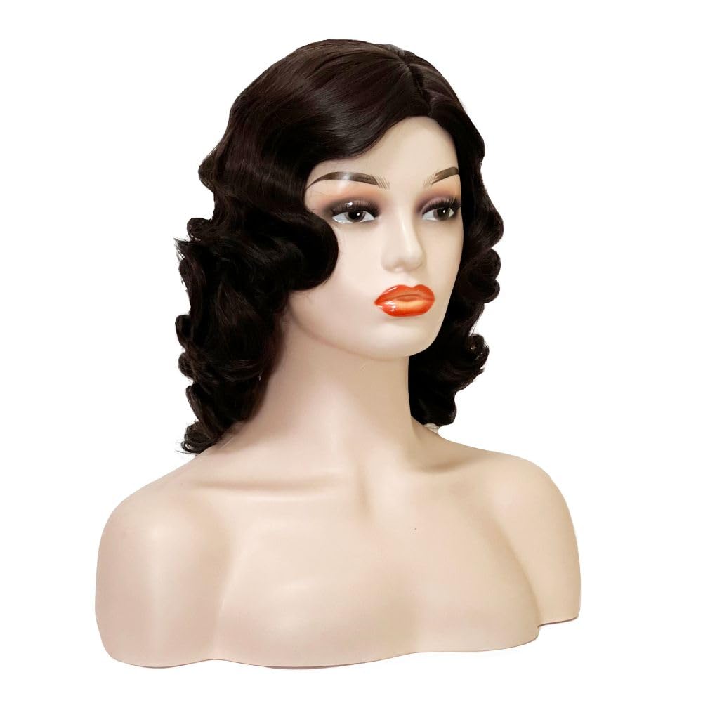 Dark Brown 1920s Vintage Finger Wave Wig for Women Shoulder Length Side Part Synthetic Hair Wig for Retro Party Cosplay Costume Use