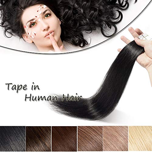 Tape in Hair Extensions Off Black 24inch Long Straight Human Hair Seamless Skin Weft Invisible Double Sided Tape 20pcs 50g+10pcs Replacement Tapes 24" #1B