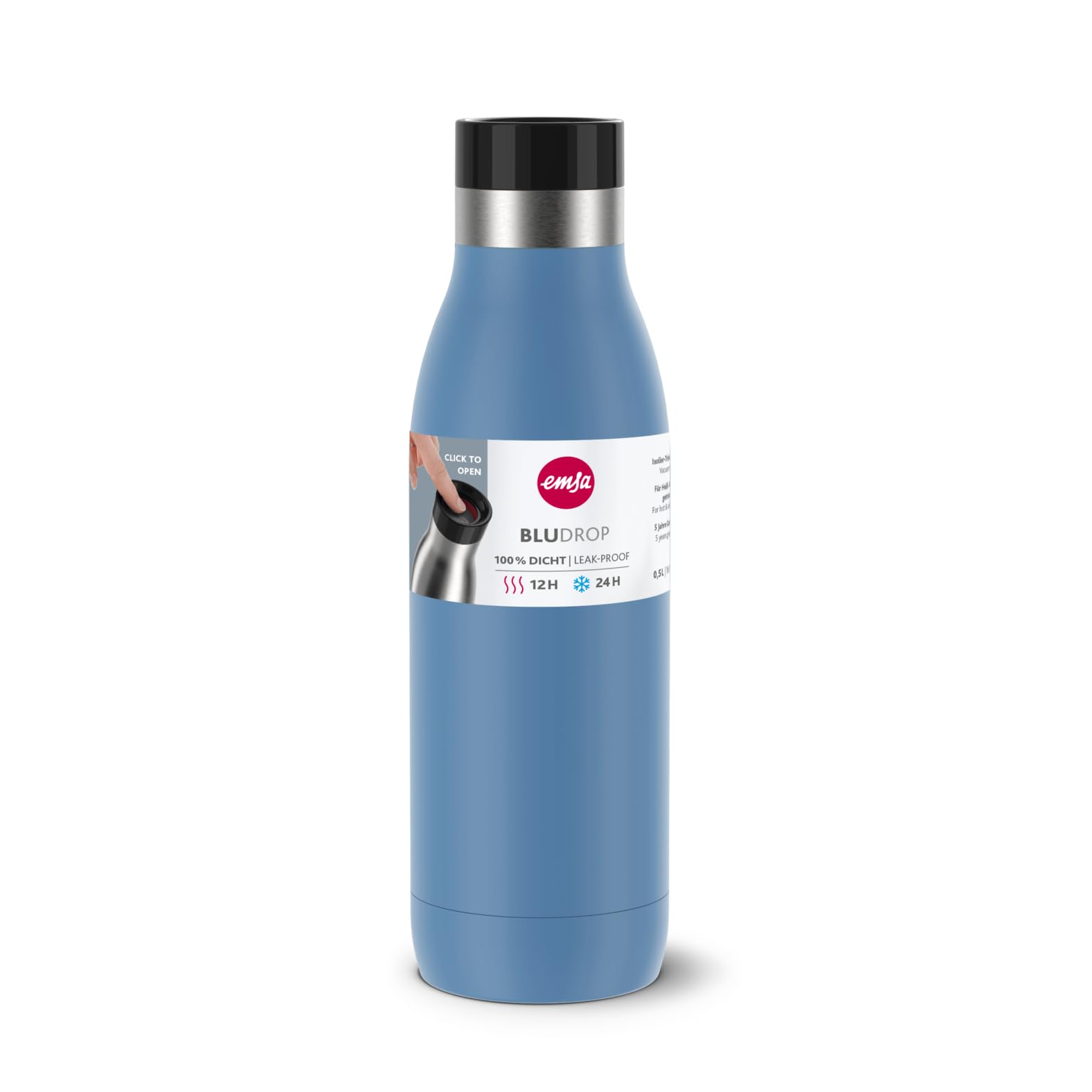 Emsa Bludrop Isolier-Trinkflasche, 0,5 Liter, 100% dicht, Quick-Press Verschluss, Ergonomischer 360° Trinkgenuss, 12h warm, 24h kühl… – Ansicht 9