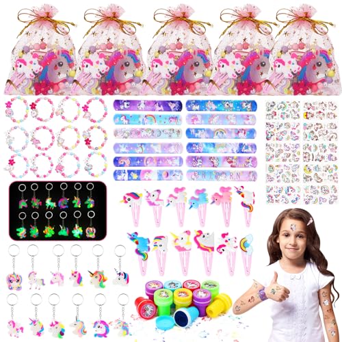 GSrenyu 82PCS Unicorn Party Bags Fillers Toys for Girls Birthday Party Favours Gift Include Slap Bracelets Unicorn Bracelets Keychains Stamper Temporary Tattoos Sticker Hair Clips