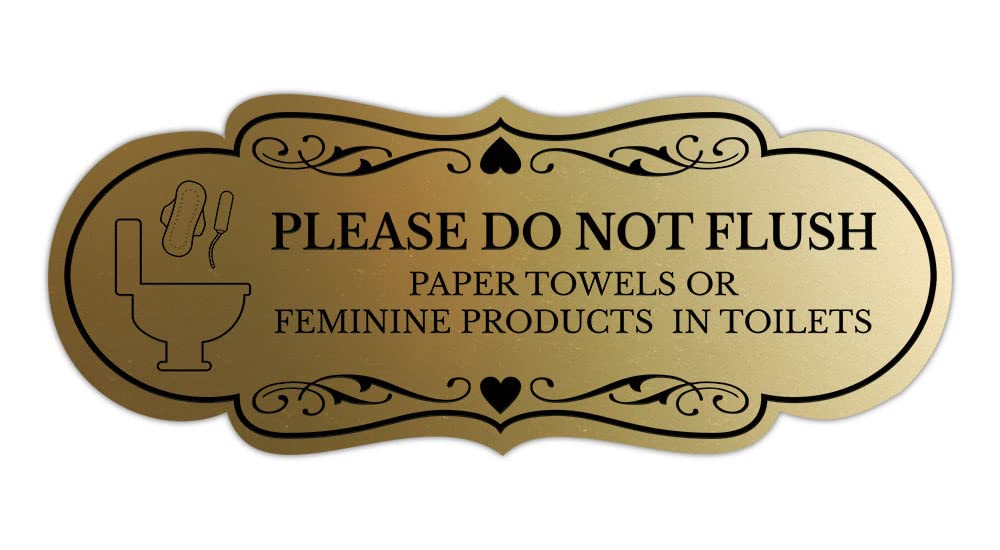 Designer Please Do Not Flush Paper Towels or Feminine Products in Toilets (Pad) Sign (Brushed Gold) - Small 5 Pack
