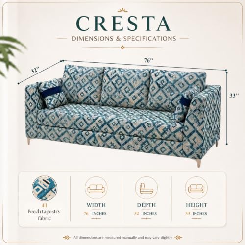 Image of FURNY Signature Cresta 3 Seater Sofa Set | Tapestry Fabric | 40D Foam + Zigzag Spring | 3-Yr Warranty (Lagoon Mosaic Blue) | Modern Living Luxury Sofa Set for Home, Office & Hotel Spaces