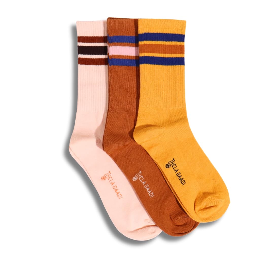 thela gaadi Striped Crew Length Socks for Men & Women | 100% Combed Cotton, Solid Colorful, Long Socks | Unisex, Odour Free, Breathable & Free Size (10+ Yrs)-picture-3