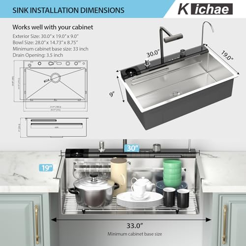 Image of Kichae 30x19 Kitchen Sink Drop In Waterfall Kitchen Sink Smart Workstation