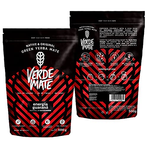 Verde Mate Green Energia Guarana 1000g (2x 500g), Yerba Mate Tea from Brazil, Fruity Mate Tea with Guarana, Natural Caffeine Source, Unsmoked, Gluten Free, Vegan