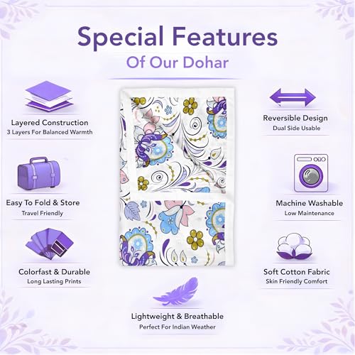 Image of Divine Casa Soft Cotton Dohar for Single Bed 210 x 140 cm, 120 GSM Lightweight Breathable Quilt for Summer and Mild Winter
