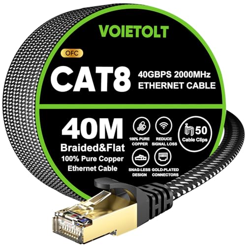 VOIETOLT Cable Ethernet Cat8 de 40M, 40Gbps/2000Mhz Plano Trenza Cable de Red Internet STP RJ45 Gigabit LAN de Alta Velocidad