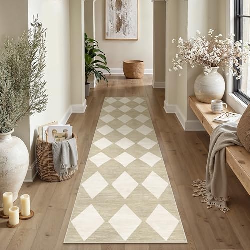Kariert Teppich Rund 120cm Runder Wohnzimmer Beige Schlafzimmer Kurzflor Waschbarer rutschfest Weich Boho Teppiche für Küchen Esszimmer Bedroom Living Room Büro Gors | Beige 120 x 120 cm (Re