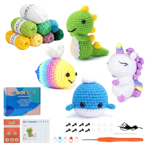Image of PATPAT 4Pcs Crochet Set, Crochet Kit for Beginners Adults Kids Animals Series DIY Kit for Adult with Tools and Needles, Yarns, Instruction Material, Birthday Gift Home Car Interior Decor