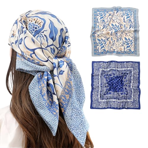 Image of SANNIDHI 2pcs Neck Head Scarf for Women Stylish Silk Hair Scarf Scarves with Vintage Prints for Sleeping, Hair Protection, and Multipurpose Styling (27.6x27.6n)