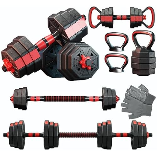 6-in-1 Adjustable Dumbbell & Barbell Weight Set, 45LB Octagon Anti-Roll Iron Sand & Cement Composite Weights, All-in-One Home Gym Equipment with Kettlebell, Push-up Stands & Gloves