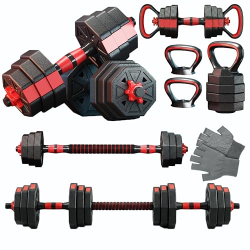 KINETRA 6-in-1 Adjustable Dumbbell & Barbell Weight Set, 70LB Octagon Anti-Roll Iron Sand & Cement Composite Weights, All-in-One Home Gym Equipment with Kettlebell, Push-up Stands & Gloves