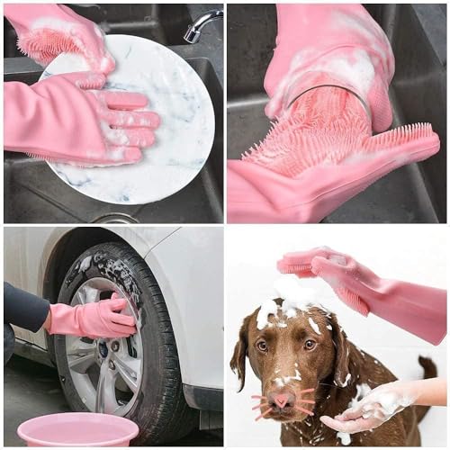 Image of 4pcs (2-pair) Silicone Kitchen Cleaning Gloves for Dishwashing, Utensil Cleaning, Bathroom & Car Wash | Home essentials Reusable Multi-Purpose Hand Gloves for Men & Women (Multicolour, 2-Pair)