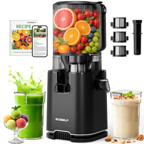 ECOSELF 3-in-1 Cold Press Juicer with 3 Filters for Juice, Nut Milk & Sorbet, 6.0' Extra Large Feed Chute, Masticating Juicer Machines For Whole Fruits & Vegetables, Quiet Motor (With Pusher)