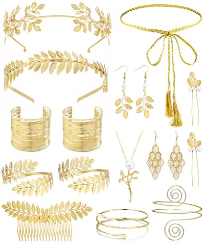 Vieyomn 17 Pcs Greek Goddess Costume Accessories Set for Women Golden Leaf Headband Hair Clips Upper Earrings Arm Cuff Earrings Belt Toga Party Jewelry