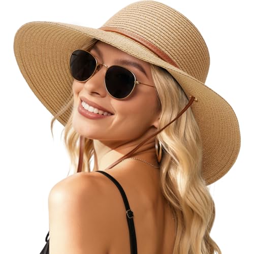 Image of Womens Beach Sun Straw Hat, Wide Brim Sun Hat Travel Foldable Summer Wind Lanyard UPF 50+