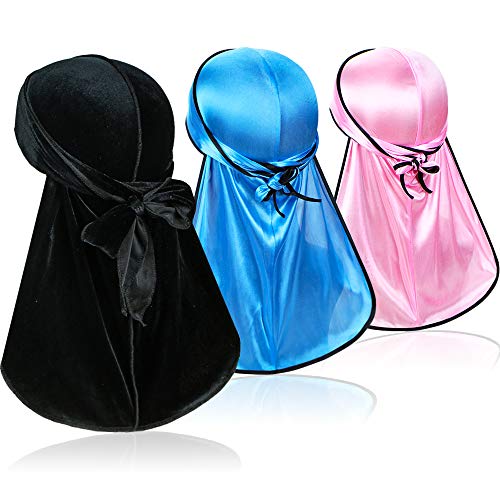 3 Pcs Wave Durags (Velvet Durag and 2 Pcs Soft Durags ) – Premium Soft Headwraps with Extra Long Tail Perfect for 360 Waves