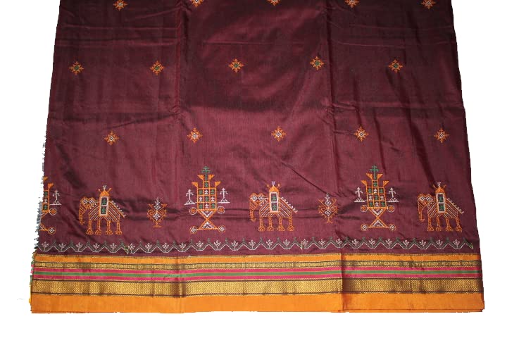 Image of Women Ilkal Cotton Blended Silk Kasuti Embroidery Saree with Traditional Stripe Pallu Unstitched Blouse Pattu