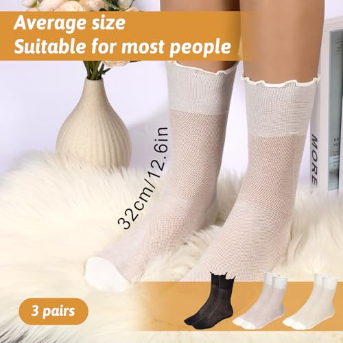 3 Pairs Ankle Ruffle Socks for Women, Cotton Soft Frilly Socks Women Breathable Ruffle Turn-Cuff Casual Sock for Womens2