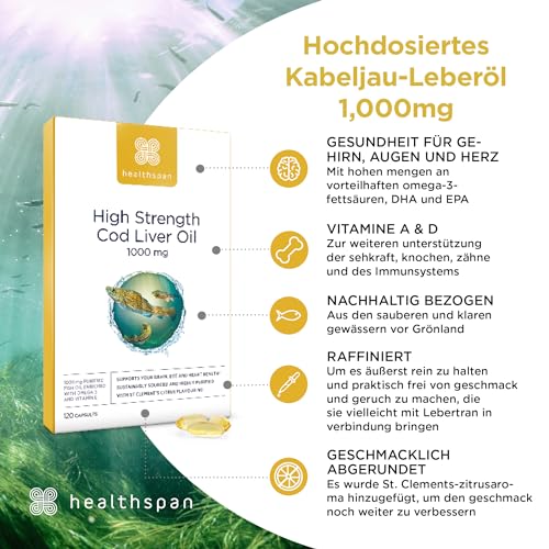 Healthspan Lebertran 1.000 mg | Reich an Omega-3-Fettsäuren DHA & EPA | Vitamin A und D3 | Gehirnfunktion, Augen- und Herzgesundheit | Aus nachhaltigen Quellen (240 Kapsel)