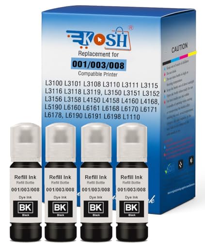 Image of KOSH 003 Refill Ink Compatible for Epson L3110, L3150, L3250, L3252 L3115, L3116, L3101, L3210, L3215, L3216, L3151, L3152, L3156, L5190 Printers (Black X 4)