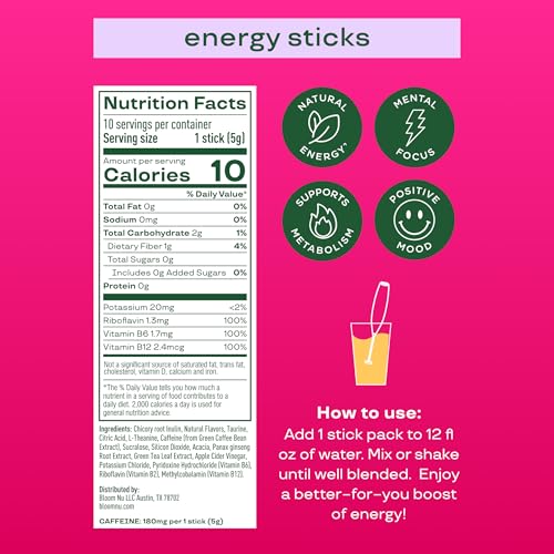 Image of Bloom Nutrition Energy Drink Powder Packets, Sugar Free Energy Drink Mix with L-Theanine, B Vitamins & Natural Caffeine, On the Go Powder Sticks for Natural Energy, 10 Calories (10 Pouches (Pack of 1), Shirley Temple)
