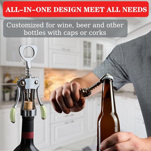 Image of KORCCI Wine Opener, Heavy-Duty Zinc Alloy Wing Corkscrew, Premium Beer Bottle Opener, Multifunctional Wine Accessories with Ergonomic Handle and Sharp Screw, for Kitchen, Bar, Restaurant (GREEN)