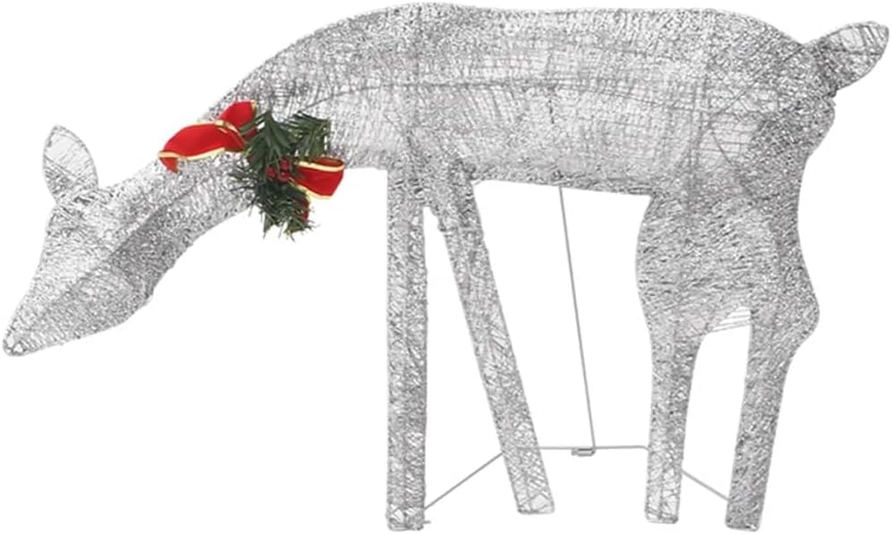 vidaXL Silver Christmas Reindeer Family Decoration with Red Bows and Cold White Lights - Fabric and Steel Christmas Ornaments