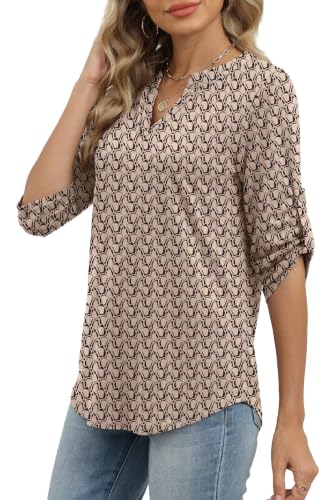 Image of XIEERDUO 3 /4 Length Sleeve Womens Tops V Neck T Shirts Both Side Buttons Blouses Business Casual Outfits Loose Fit