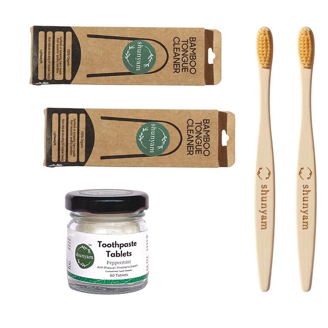 Shunyam Sustainable Oral Care Kit – 2 Bamboo Toothbrushes 2 Tongue Cleaners 60 Peppermint Toothpaste Tablets Upcycled Travel Pouch| Eco-Friendly Zero Waste Travel Dental Hygiene Set-image-21