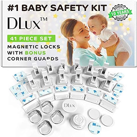 Magnetic Cabinet Locks Child Safety 41-Piece Kit with New Upgraded Adhesive [12 Magnet Locks 2 Keys 4 Corner Guards] Easy Installation No-Drill Baby Proofing Locks to Childproof Cabinets & Drawers Cover