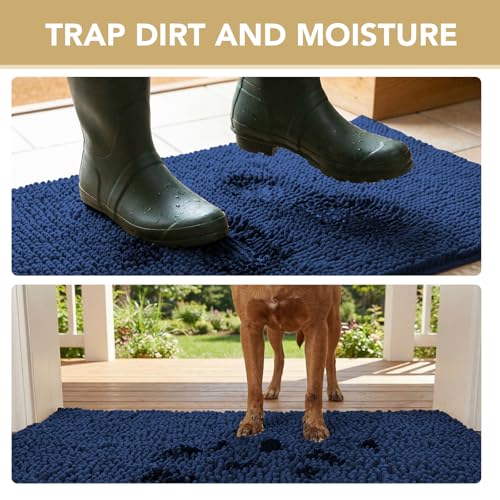 Image of H.VERSAILTEX Dog Door Mat for Muddy Paws Absorbent Dirt Trapper Non Slip Quick Dry Washable Chenille Mats for Dogs Entry Rug for Indoor Outdoor (Navy, 17 inch x 24 inch)