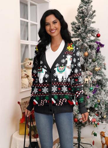 Image of Goodstoworld Women Ugly Christmas Cardigan Sweater Long Sleeve Button Down Cozy V Neck Sweater Soft Knitwear