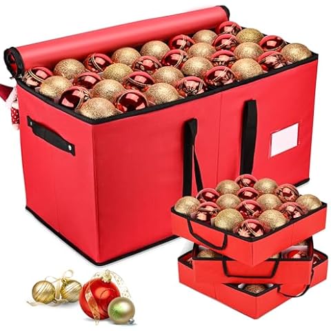 Mrrihand Christmas Ornament Storage Box, Ornament Storage Container with 8 Trays-Xmas Decoration Organizer Keeps 128 Holiday Ornaments 3-Inch, Dual Zipper Closure, 600D Tear-Proof（Red） Cover