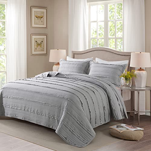 Honeilife Ruffled Quilt King Size - 3 Pieces Washed Microfiber Quilt Sets Lightweight Bedspreads Ultra Soft Coverlets Shabby Chic Bed Cover Exquisite Bedding Set All Season Quilts-Grey #TOP1