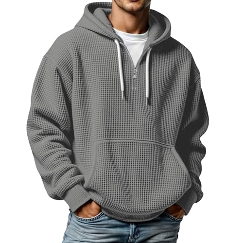 Waffle Knit Hoodie Men Quarter Zip Long Sleeve Shirts Hooded Sweatshirt - image 1