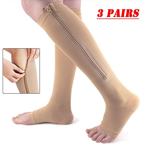 Dr.CURVY 3 Paia Calze Elastiche con Cerniera Donna Unisex Compressione Calzini Punta Aperta Medicale Supporto per i Piedi Vene Varicose, Edema, Zampe Gonfie o Doloranti