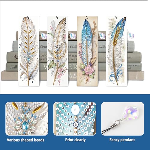 Image of 4-Piece 5D Diamond Painting Bookmarks Set, DIY Craft Kit with Rhinestones - Elegant Vintage Style Feather Design, Perfect for Book Lovers Adults, Unique Diamond Art Craft Bookmarks with Tassels