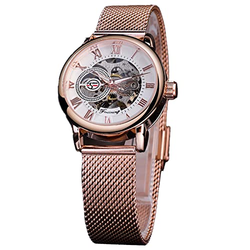 FORSINING Frauen Automatische mechanische Uhr Luxus Skelett Goldenes Zifferblatt Edelstahl Mesh Band Römische Ziffern Selbstaufzug Uhr, Rotgoldfarben, Armband