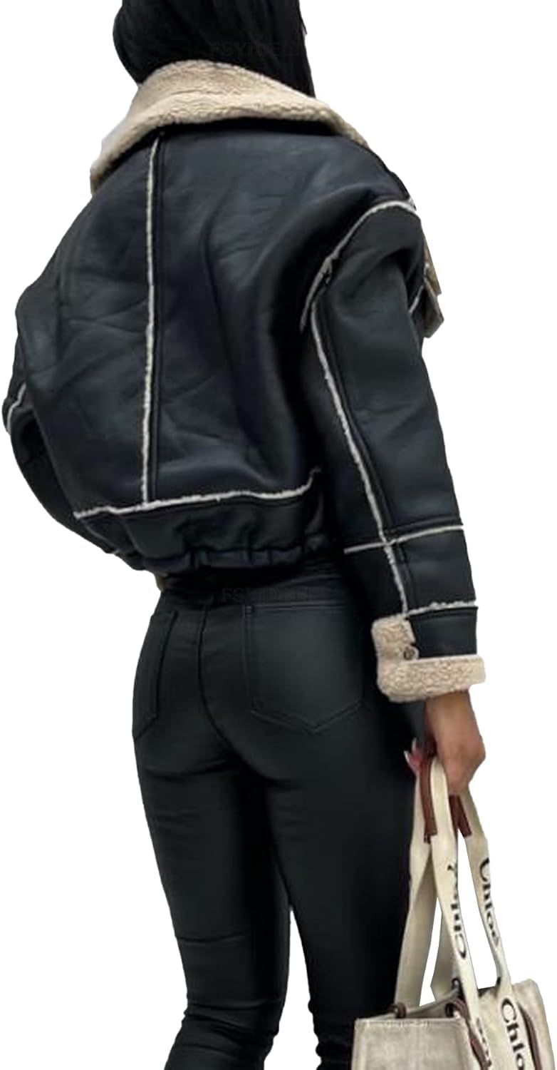 Chaqueta de Bombardero de Moto de Corte sintético para Mujer Abrigo Forrado de Sherpa Abrigo de Cuero de Aviador de Invierno Prendas de Abrigo