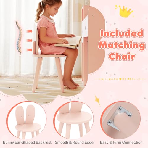 Image of HONEY JOY Kids Vanity with Lights, Rabbit Themed Princess Makeup Dressing Desk, Storage Cabinet, Wooden Pretend Play Toddler Vanity Table & Chair Set with Lighted Mirror for Little Girls (Pink)