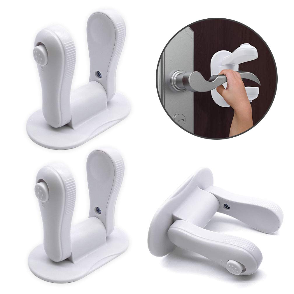ALBOYI3 Pack Child Proof Door Lever Lock Rotation Design Handles Lock Strong Adhesive Baby Safety Lock Door Handle, No Drill, No Screw(White)